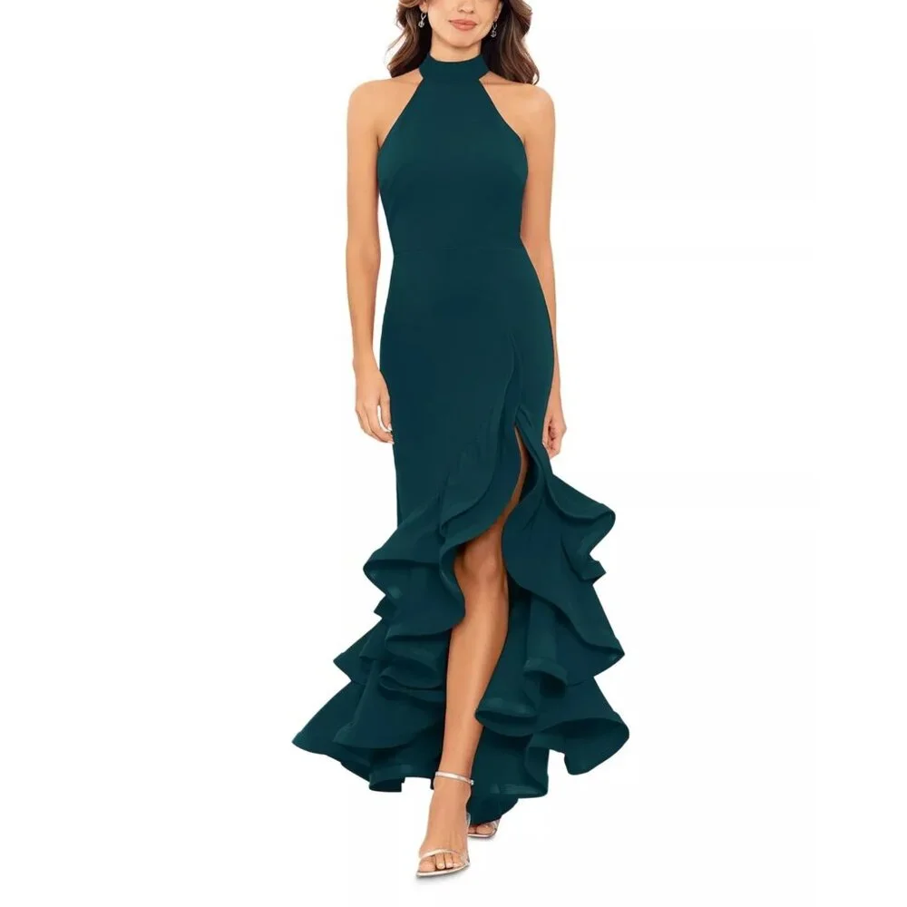 268$ AQUA Racerback Ruffle Asymmetric Hem Gown Maxi Dress Size 6 Pine Green